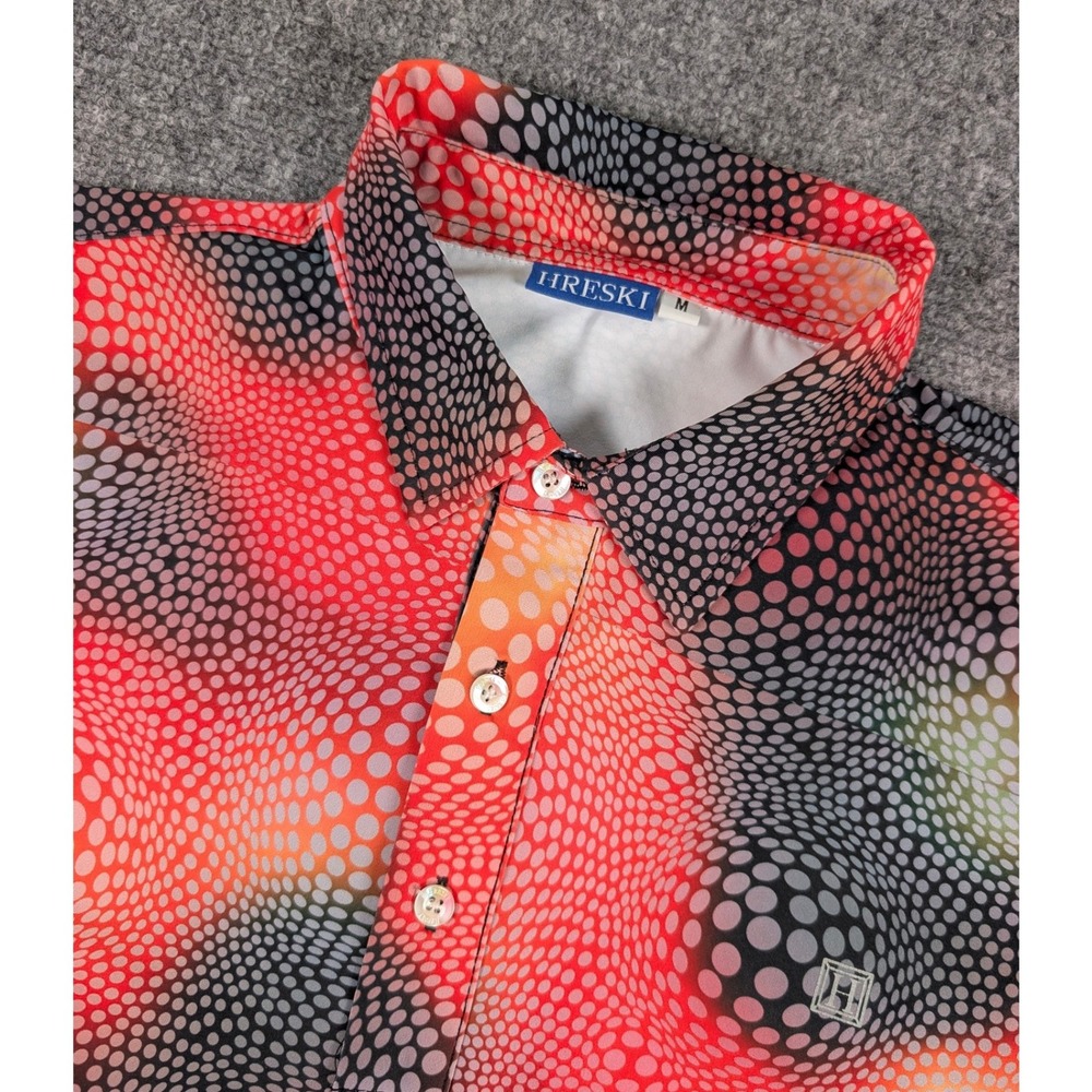 Hreski Polo Shirt Mens M Red Optical Illusion Dot Print Short Sleeve Golf Tee